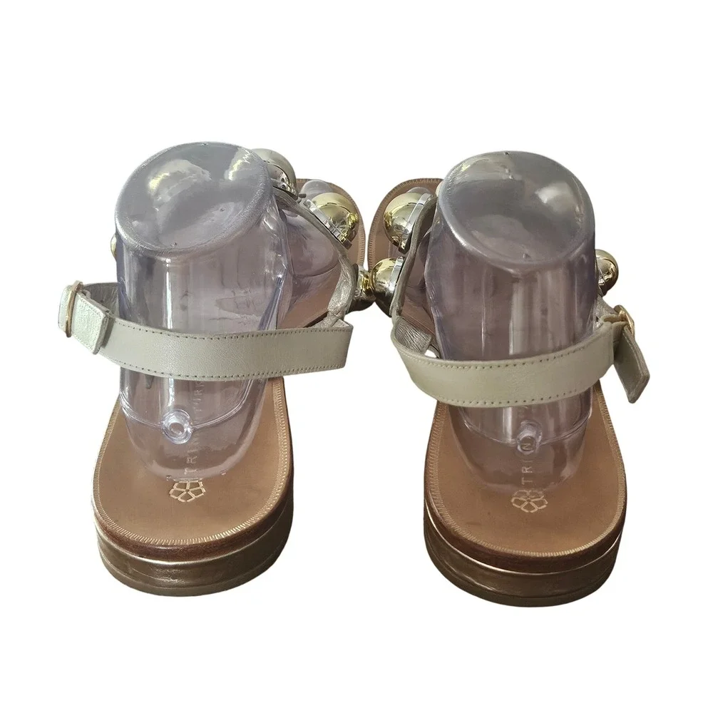 Trina Turk Womens 10M Gold Orb Embellished Leather T-Strap Thong Sandals Silver